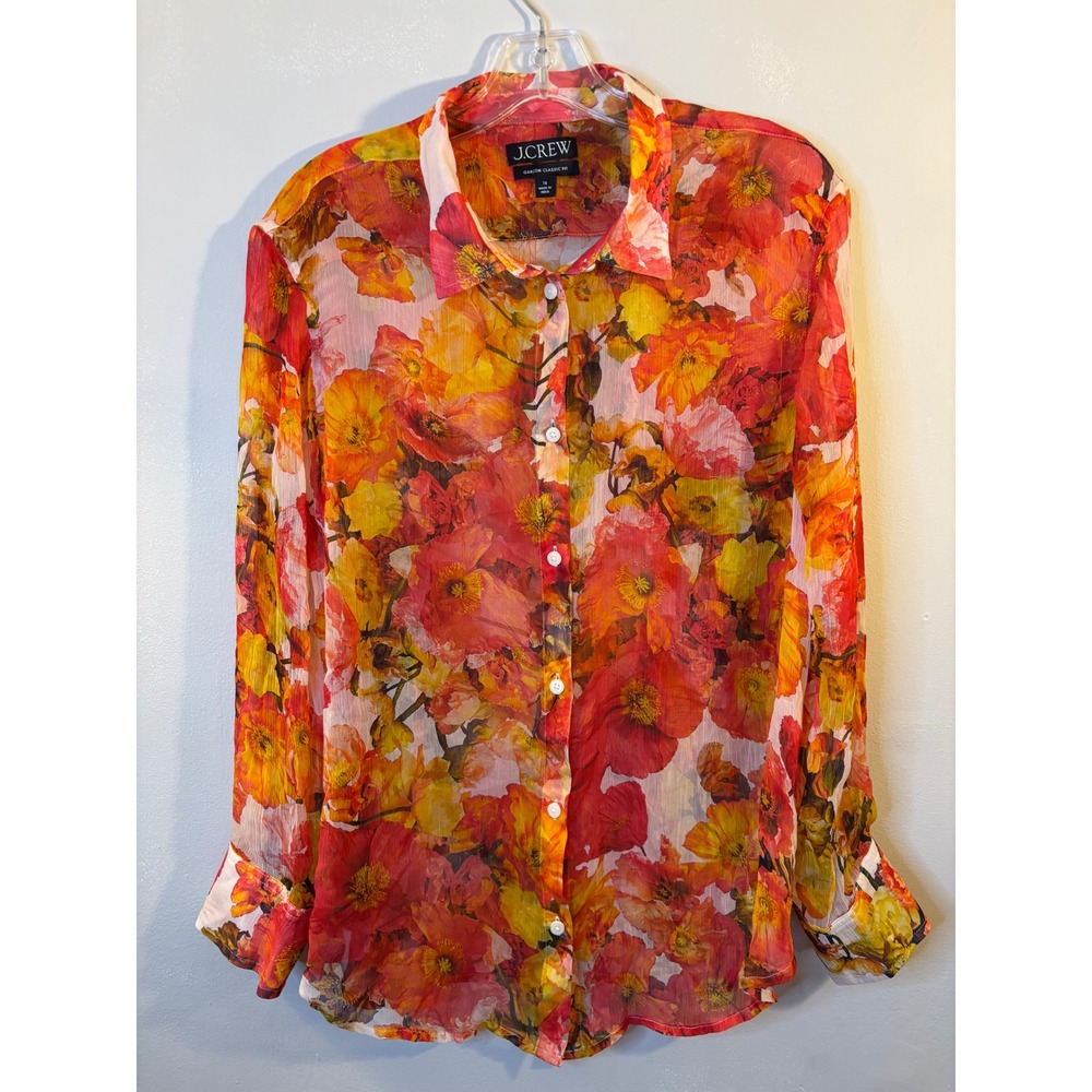 J.CREW Sheer Vibrant Poppy Print Blouse 16 Cupro Garçon Classic Fit